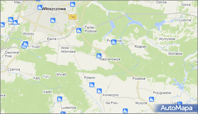 mapa Nieznanowice gmina Włoszczowa, Nieznanowice gmina Włoszczowa na mapie Targeo