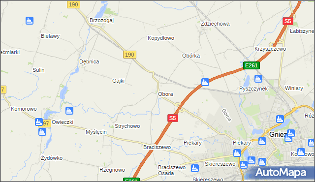 mapa Obora gmina Gniezno, Obora gmina Gniezno na mapie Targeo