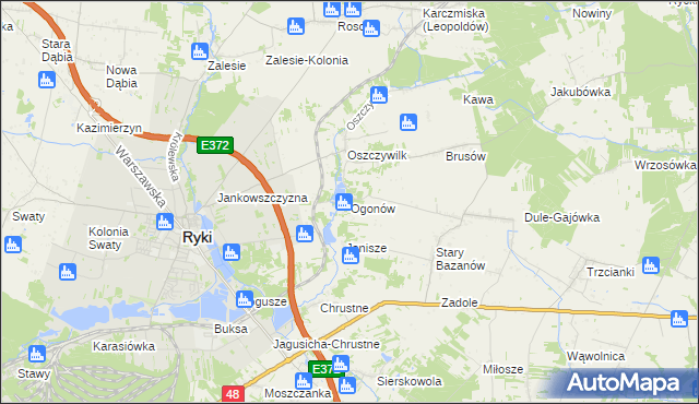 mapa Ogonów gmina Ryki, Ogonów gmina Ryki na mapie Targeo