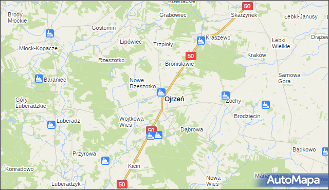 mapa Ojrzeń powiat ciechanowski, Ojrzeń powiat ciechanowski na mapie Targeo