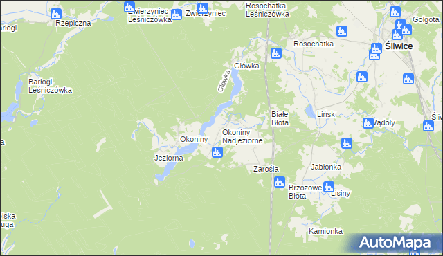 mapa Okoniny Nadjeziorne, Okoniny Nadjeziorne na mapie Targeo
