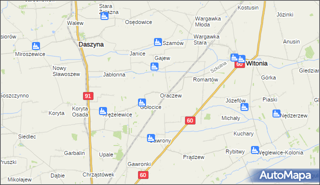 mapa Oraczew gmina Witonia, Oraczew gmina Witonia na mapie Targeo