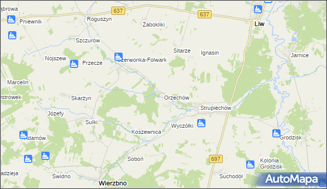mapa Orzechów gmina Wierzbno, Orzechów gmina Wierzbno na mapie Targeo