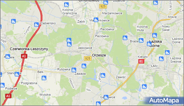 mapa Orzesze powiat mikołowski, Orzesze powiat mikołowski na mapie Targeo