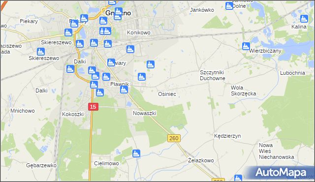 mapa Osiniec gmina Gniezno, Osiniec gmina Gniezno na mapie Targeo
