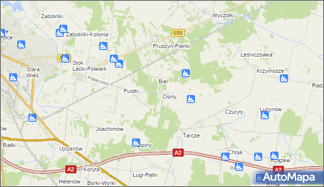 mapa Osiny gmina Siedlce, Osiny gmina Siedlce na mapie Targeo