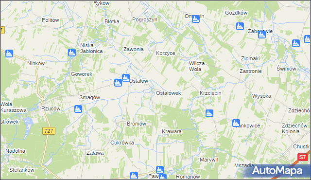 mapa Ostałówek gmina Chlewiska, Ostałówek gmina Chlewiska na mapie Targeo