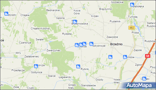 mapa Ostrów gmina Brzeźnio, Ostrów gmina Brzeźnio na mapie Targeo