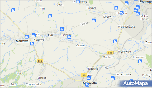mapa Ostrów gmina Gać, Ostrów gmina Gać na mapie Targeo