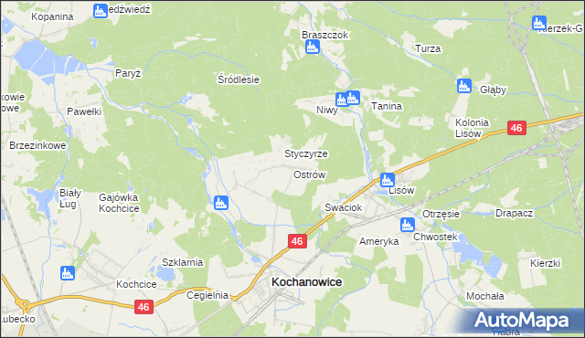 mapa Ostrów gmina Kochanowice, Ostrów gmina Kochanowice na mapie Targeo