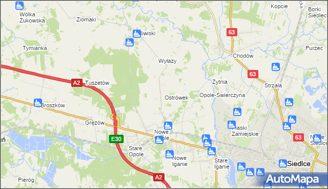 mapa Ostrówek gmina Siedlce, Ostrówek gmina Siedlce na mapie Targeo
