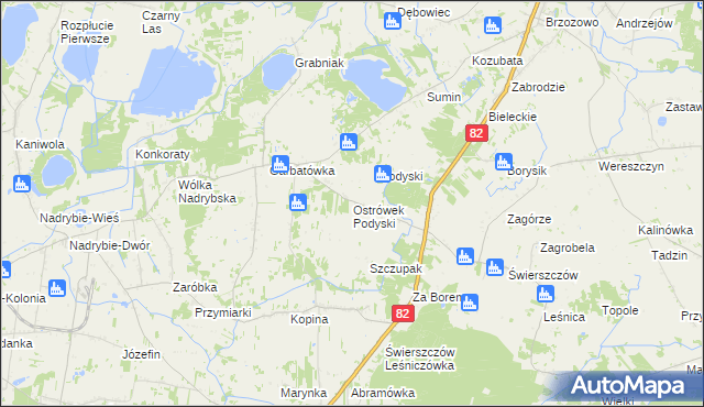 mapa Ostrówek Podyski, Ostrówek Podyski na mapie Targeo