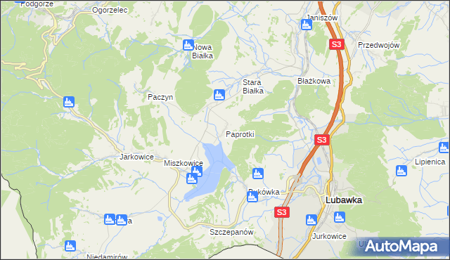 mapa Paprotki gmina Lubawka, Paprotki gmina Lubawka na mapie Targeo