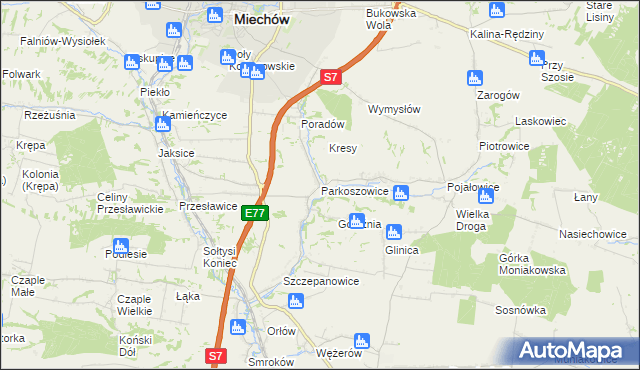 mapa Parkoszowice gmina Miechów, Parkoszowice gmina Miechów na mapie Targeo