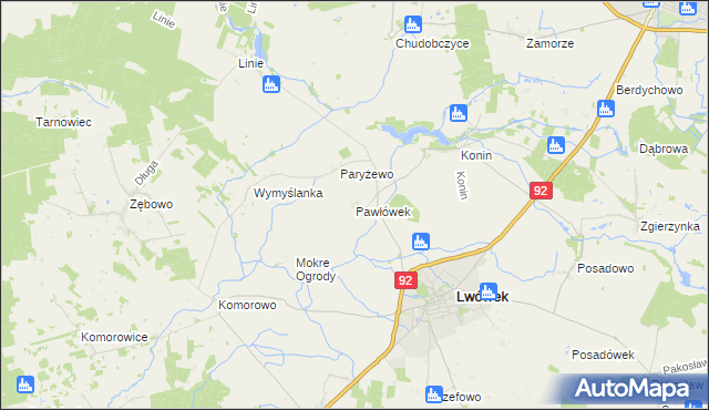 mapa Pawłówek gmina Lwówek, Pawłówek gmina Lwówek na mapie Targeo