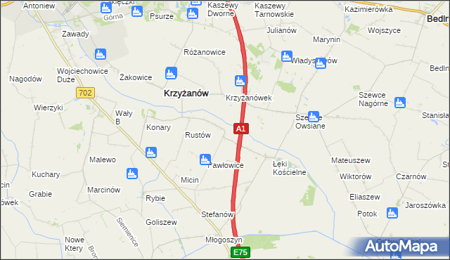 mapa Pawłowice gmina Krzyżanów, Pawłowice gmina Krzyżanów na mapie Targeo