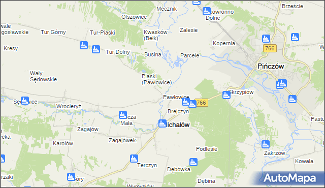 mapa Pawłowice gmina Michałów, Pawłowice gmina Michałów na mapie Targeo