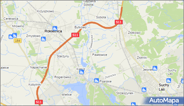mapa Pawłowice gmina Rokietnica, Pawłowice gmina Rokietnica na mapie Targeo