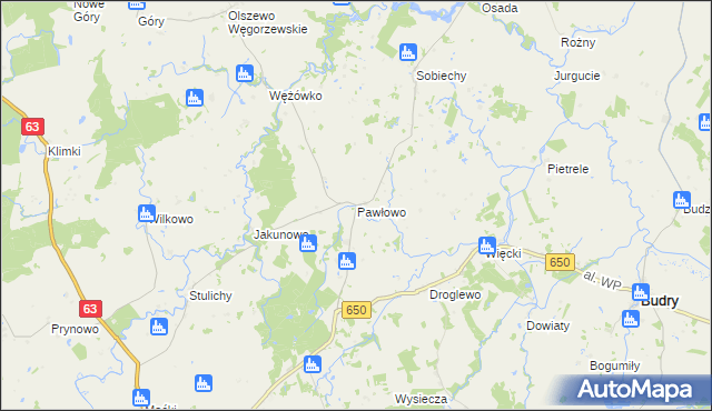 mapa Pawłowo gmina Budry, Pawłowo gmina Budry na mapie Targeo