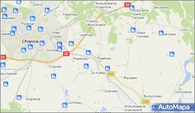 mapa Pawłowo gmina Chojnice, Pawłowo gmina Chojnice na mapie Targeo