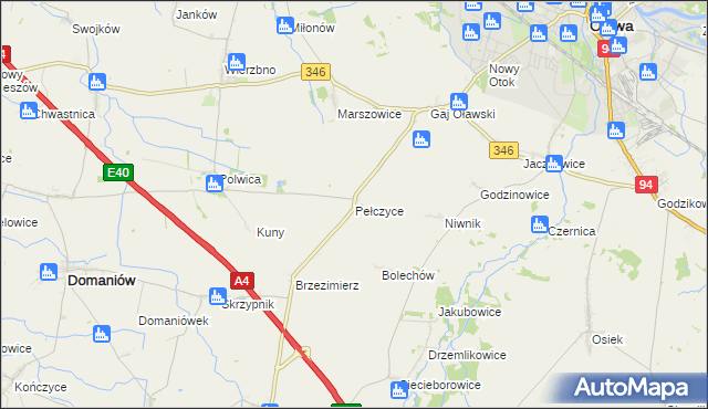 mapa Pełczyce gmina Domaniów, Pełczyce gmina Domaniów na mapie Targeo