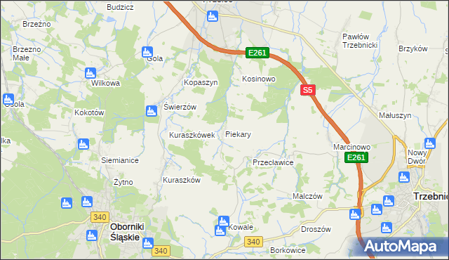 mapa Piekary gmina Oborniki Śląskie, Piekary gmina Oborniki Śląskie na mapie Targeo