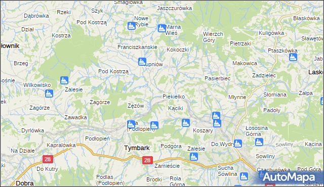mapa Piekiełko gmina Tymbark, Piekiełko gmina Tymbark na mapie Targeo
