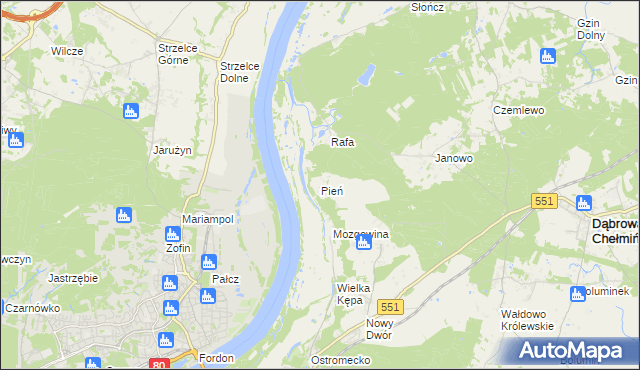 mapa Pień gmina Dąbrowa Chełmińska, Pień gmina Dąbrowa Chełmińska na mapie Targeo