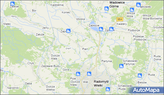 mapa Pień gmina Radomyśl Wielki, Pień gmina Radomyśl Wielki na mapie Targeo