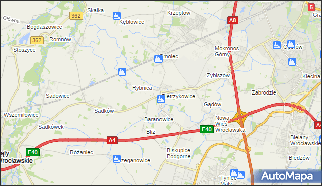 mapa Pietrzykowice gmina Kąty Wrocławskie, Pietrzykowice gmina Kąty Wrocławskie na mapie Targeo