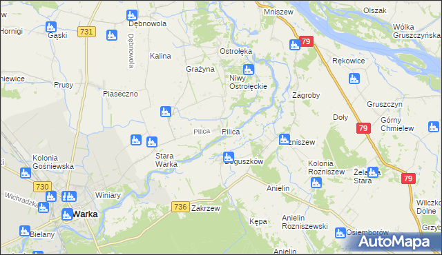 mapa Pilica gmina Warka, Pilica gmina Warka na mapie Targeo