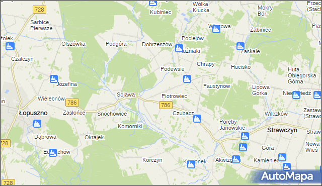 mapa Piotrowiec gmina Łopuszno, Piotrowiec gmina Łopuszno na mapie Targeo