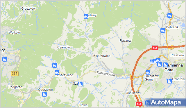 mapa Pisarzowice gmina Kamienna Góra, Pisarzowice gmina Kamienna Góra na mapie Targeo