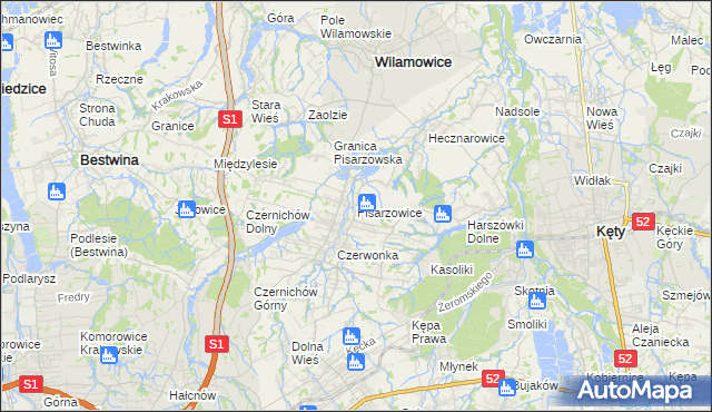 mapa Pisarzowice gmina Wilamowice, Pisarzowice gmina Wilamowice na mapie Targeo