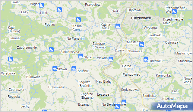 mapa Pławna gmina Ciężkowice, Pławna gmina Ciężkowice na mapie Targeo