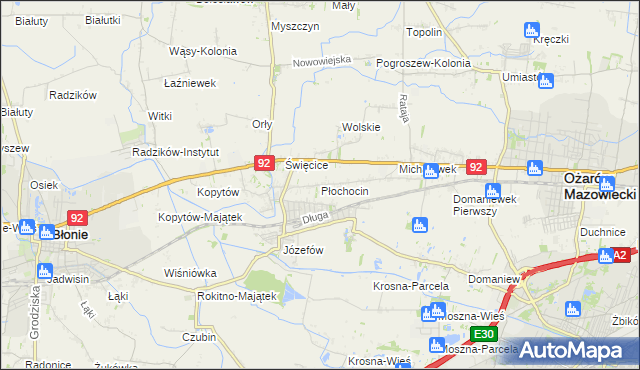 mapa Płochocin gmina Ożarów Mazowiecki, Płochocin gmina Ożarów Mazowiecki na mapie Targeo