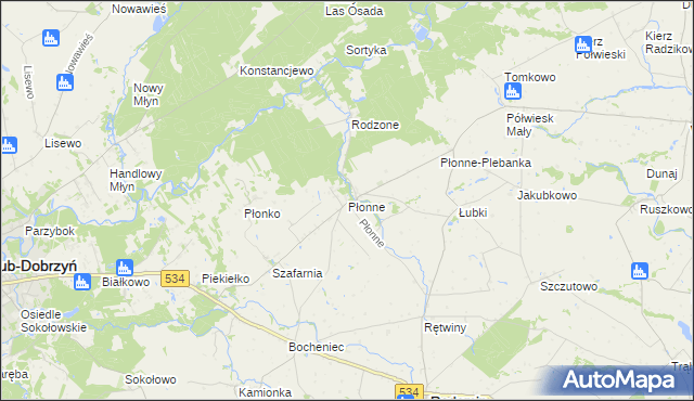 mapa Płonne gmina Radomin, Płonne gmina Radomin na mapie Targeo