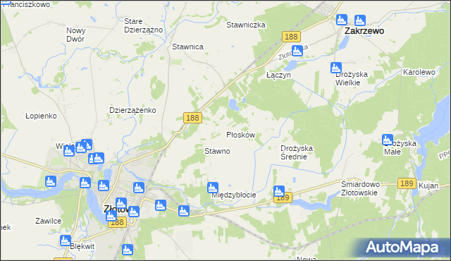 mapa Płosków gmina Złotów, Płosków gmina Złotów na mapie Targeo