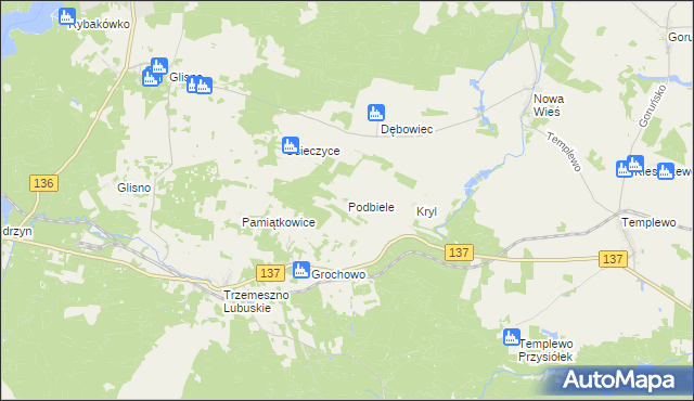 mapa Podbiele gmina Sulęcin, Podbiele gmina Sulęcin na mapie Targeo
