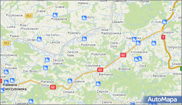 mapa Podchybie gmina Lanckorona, Podchybie gmina Lanckorona na mapie Targeo