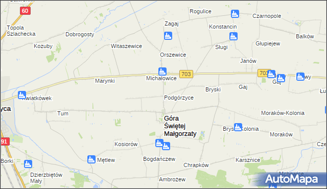 mapa Podgórzyce gmina Góra Świętej Małgorzaty, Podgórzyce gmina Góra Świętej Małgorzaty na mapie Targeo