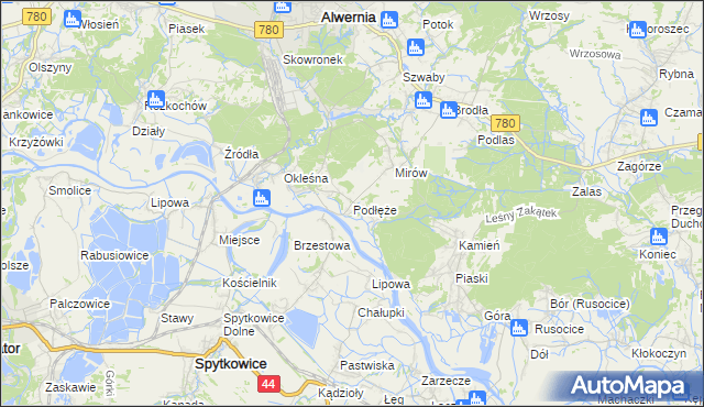 mapa Podłęże gmina Alwernia, Podłęże gmina Alwernia na mapie Targeo