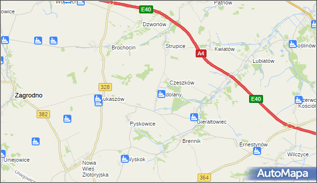 mapa Podolany gmina Złotoryja, Podolany gmina Złotoryja na mapie Targeo