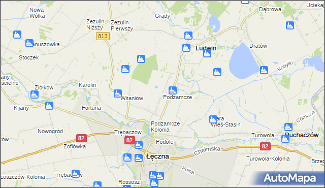 mapa Podzamcze gmina Łęczna, Podzamcze gmina Łęczna na mapie Targeo