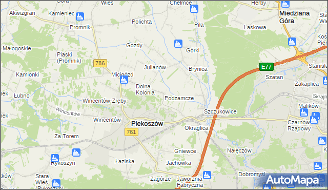 mapa Podzamcze gmina Piekoszów, Podzamcze gmina Piekoszów na mapie Targeo