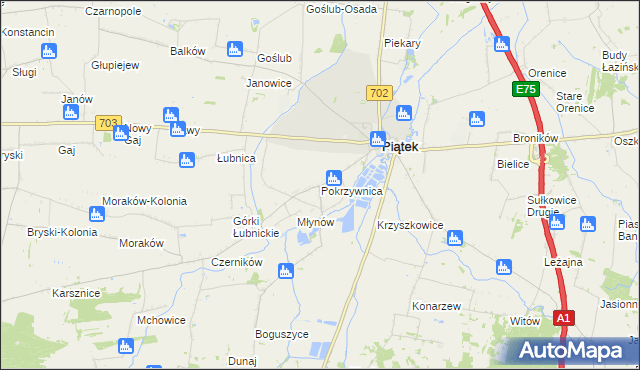 mapa Pokrzywnica gmina Piątek, Pokrzywnica gmina Piątek na mapie Targeo