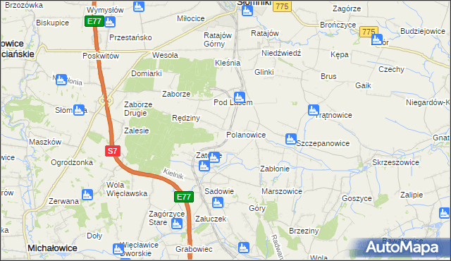 mapa Polanowice gmina Słomniki, Polanowice gmina Słomniki na mapie Targeo
