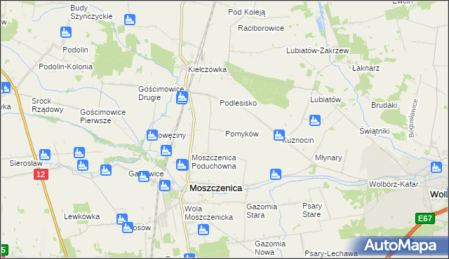 mapa Pomyków gmina Moszczenica, Pomyków gmina Moszczenica na mapie Targeo