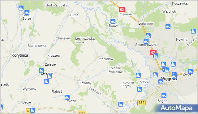 mapa Popielów gmina Liw, Popielów gmina Liw na mapie Targeo