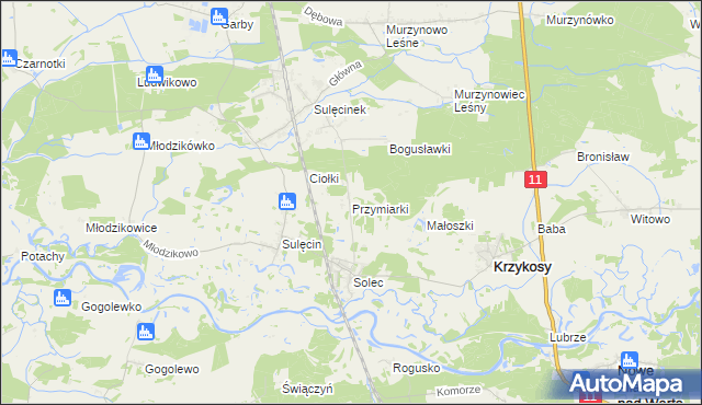 mapa Przymiarki gmina Krzykosy, Przymiarki gmina Krzykosy na mapie Targeo